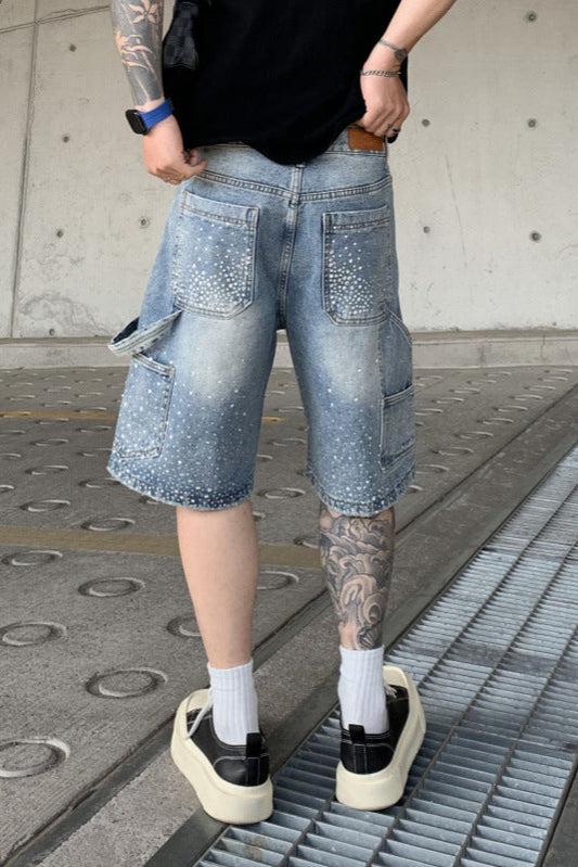 Crystal-Studded Denim Shorts Blue