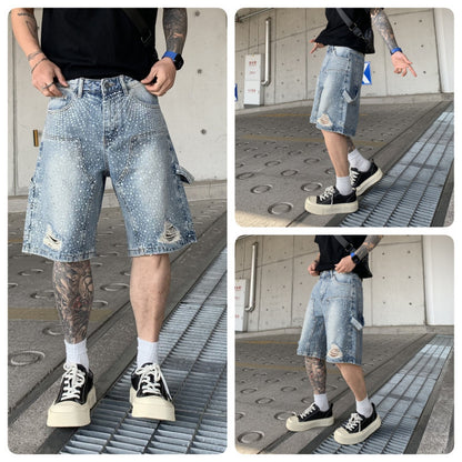 Crystal-Studded Denim Shorts Blue