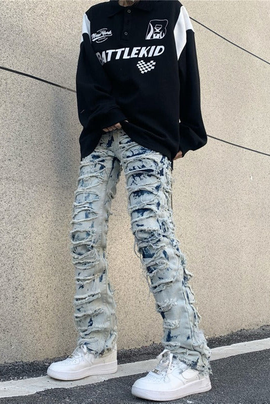 Shredded Line Flare Denim Blue