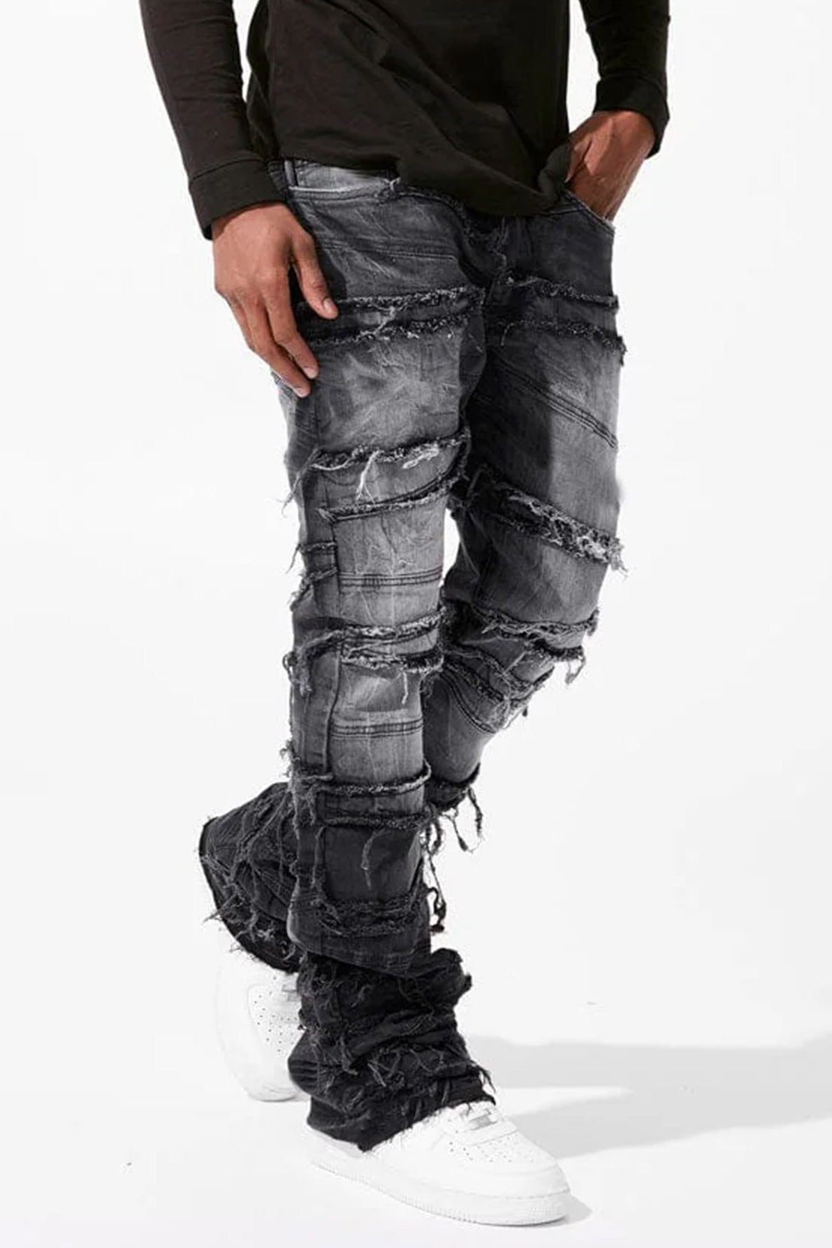 Layered Slash Flare Denim Black