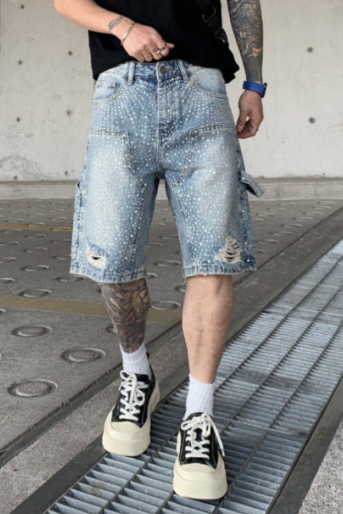 Crystal-Studded Denim Shorts Blue