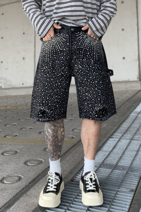 Crystal-Studded Denim Shorts Black