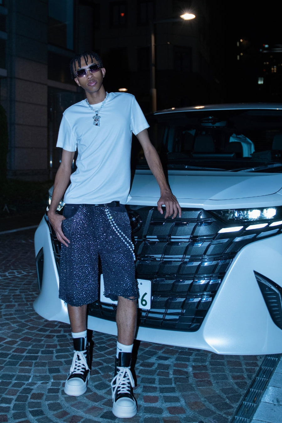 Crystal-Studded Denim Jorts Black