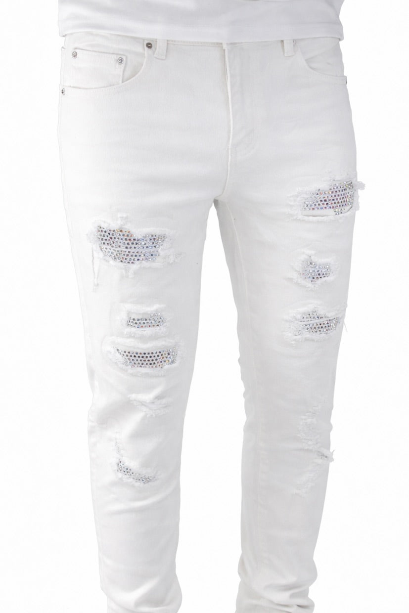 SKINNY DISTRESSED CUTOUT RHINESTONE - WHITE