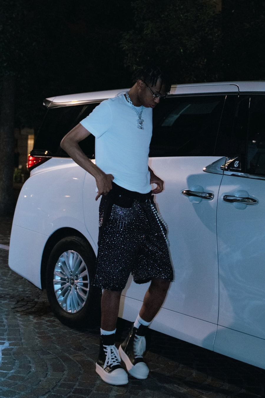 Crystal-Studded Denim Jorts Black