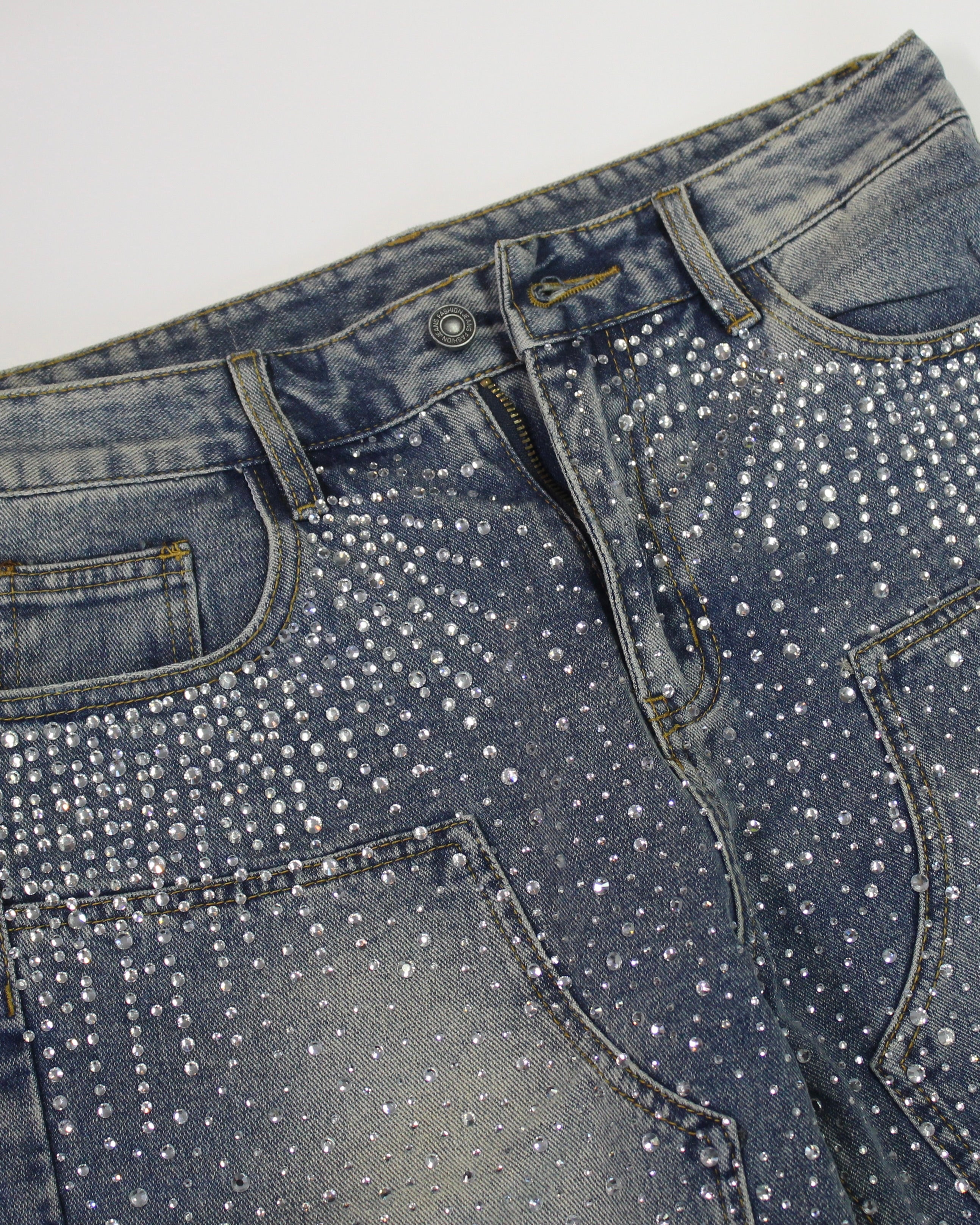 Crystal-Studded Denim Shorts Blue