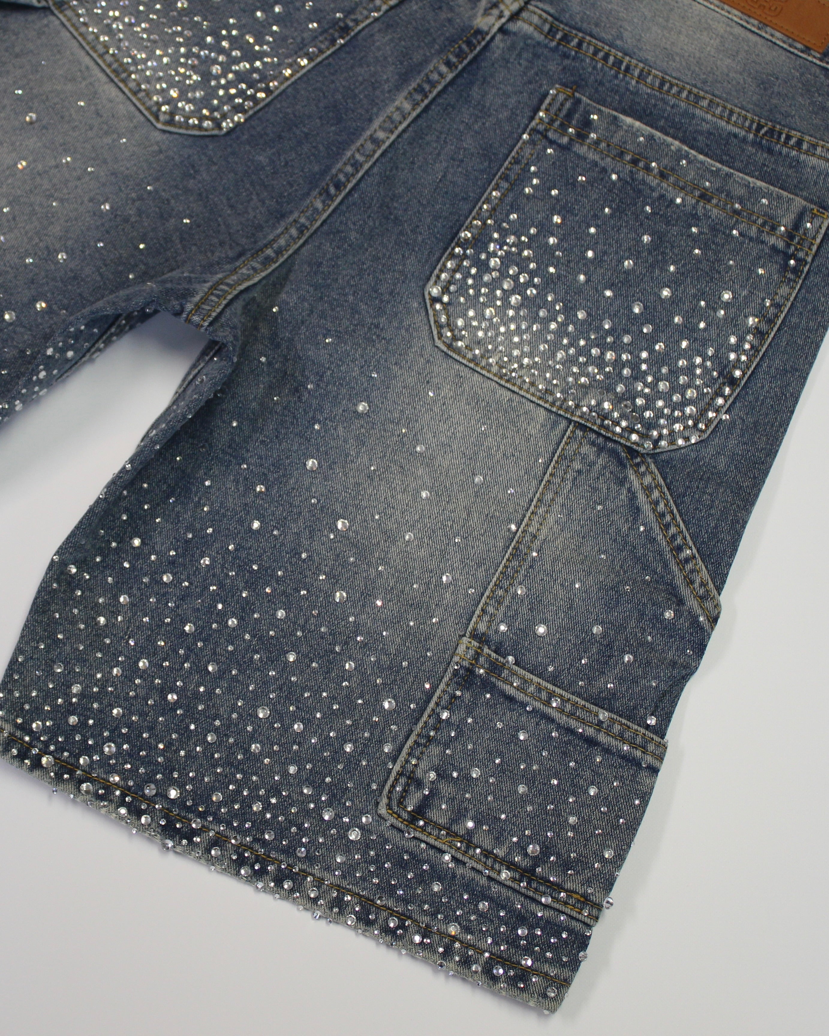 Crystal-Studded Denim Shorts Blue