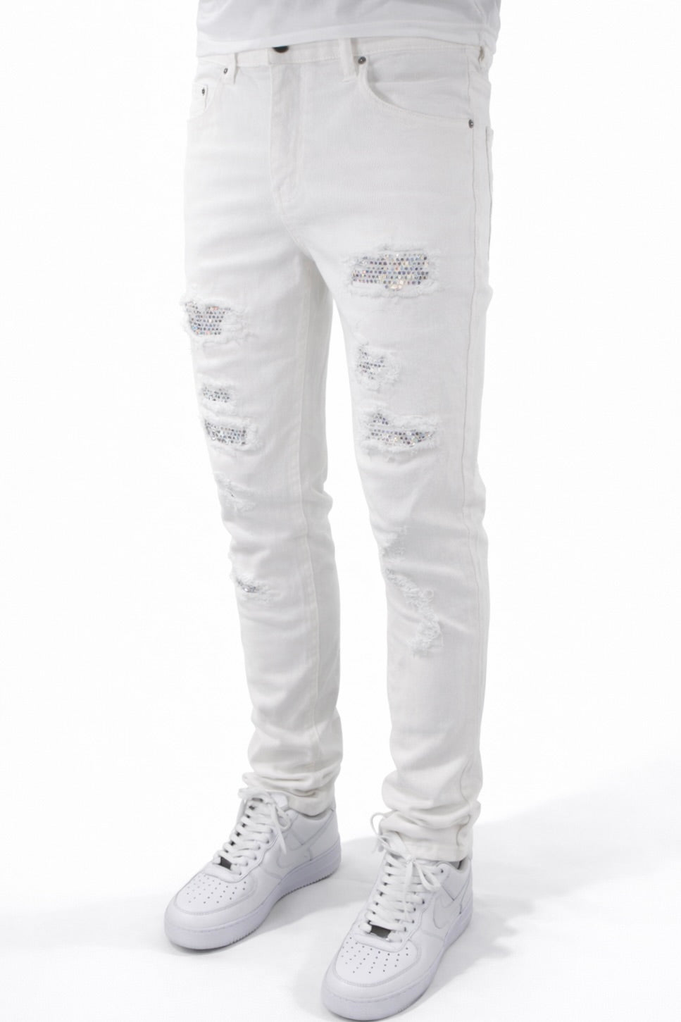 SKINNY DISTRESSED CUTOUT RHINESTONE - WHITE