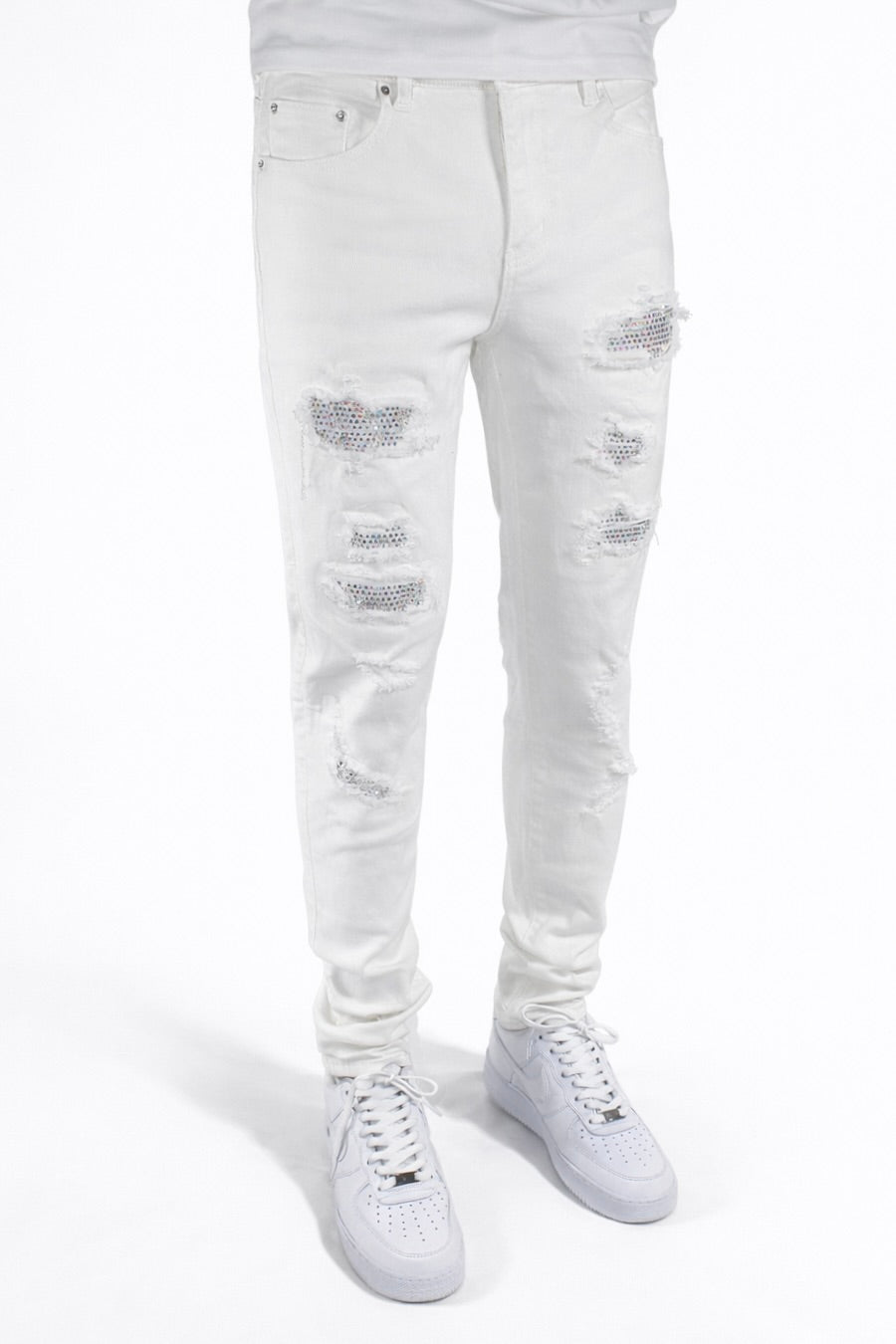 SKINNY DISTRESSED CUTOUT RHINESTONE - WHITE