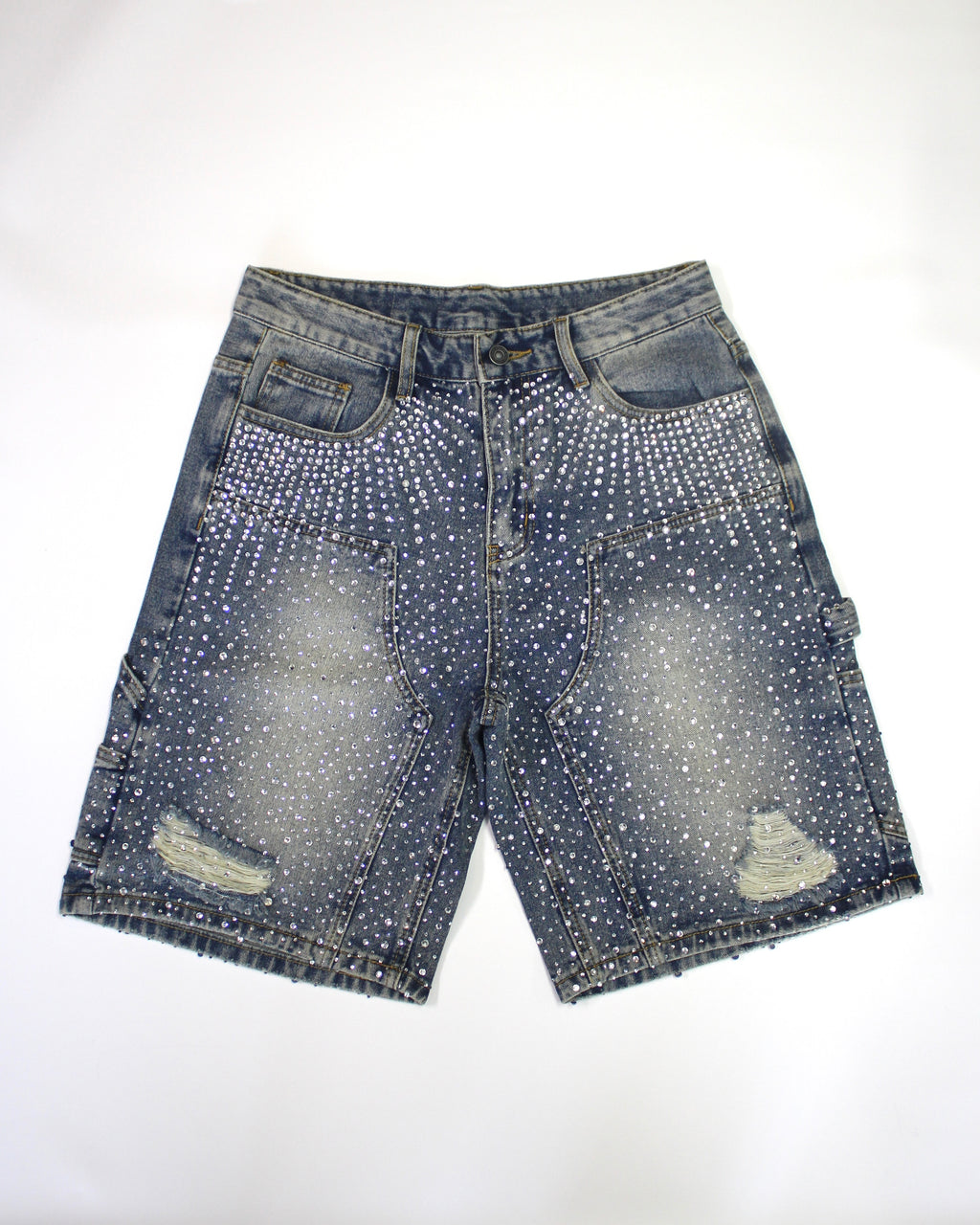 Crystal-Studded Denim Shorts Blue