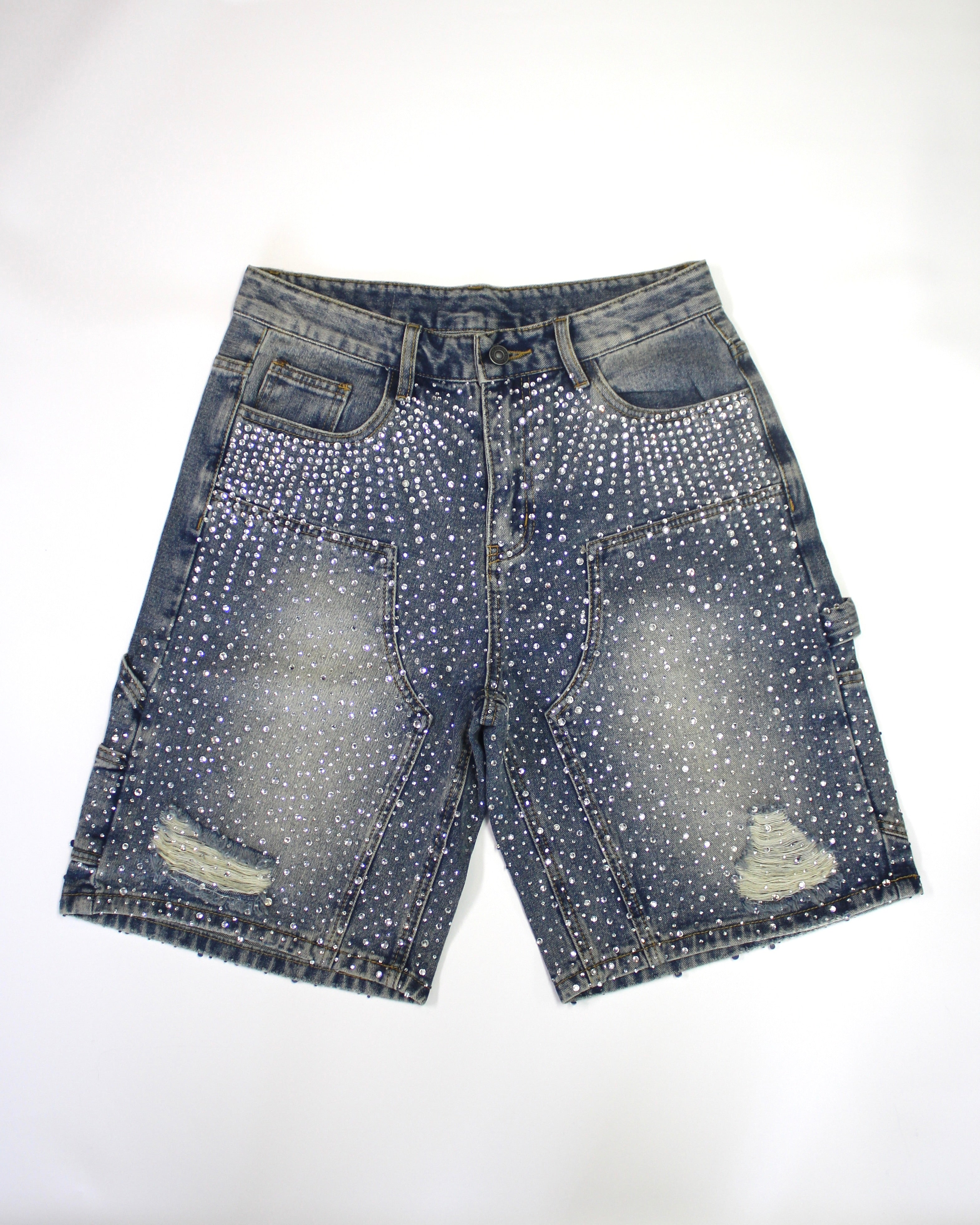 Crystal-Studded Denim Shorts Blue
