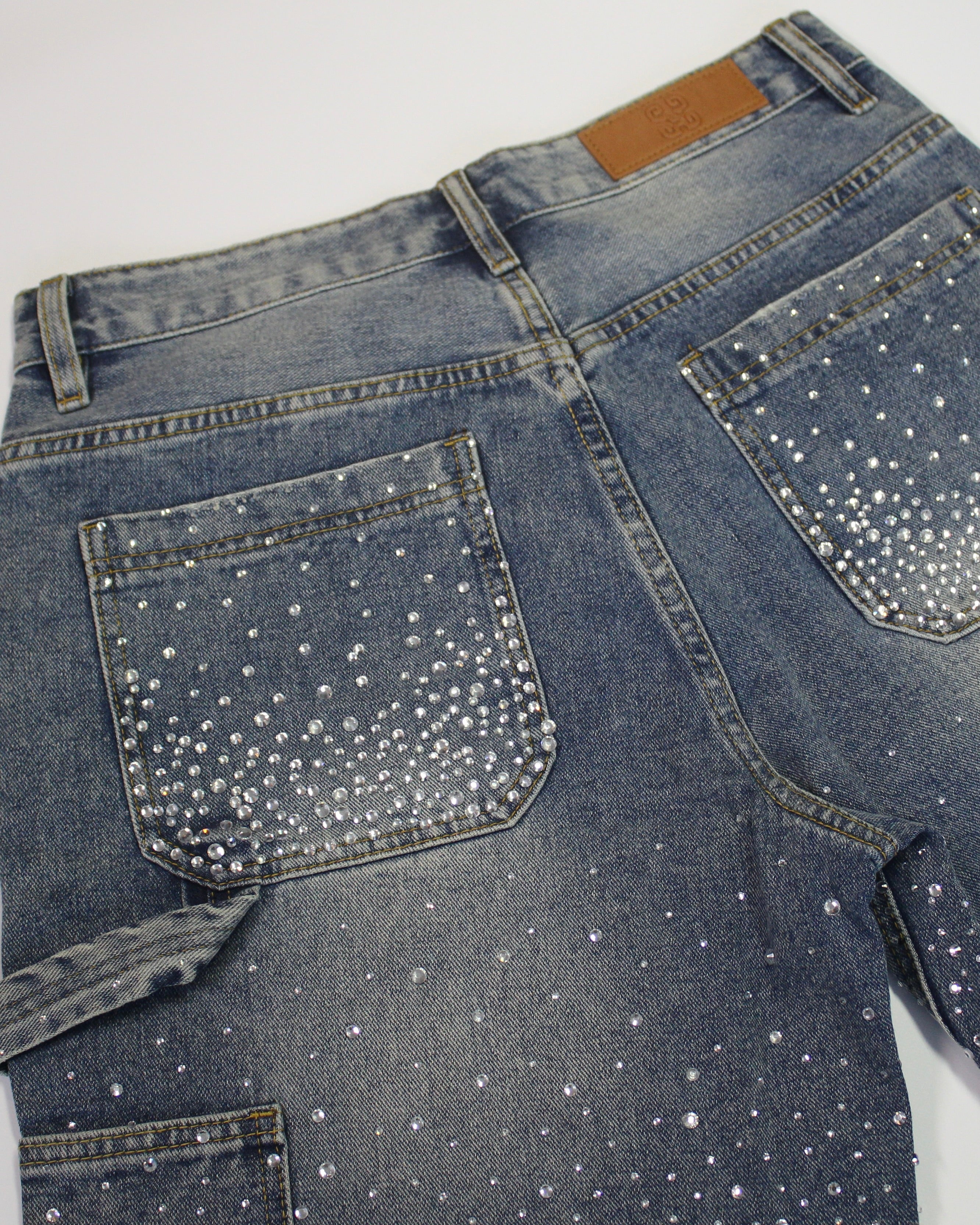 Crystal-Studded Denim Shorts Blue