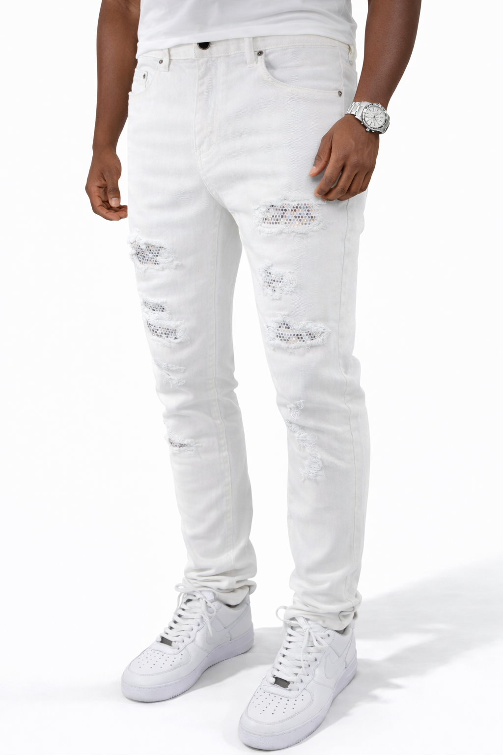 SKINNY DISTRESSED CUTOUT RHINESTONE - WHITE