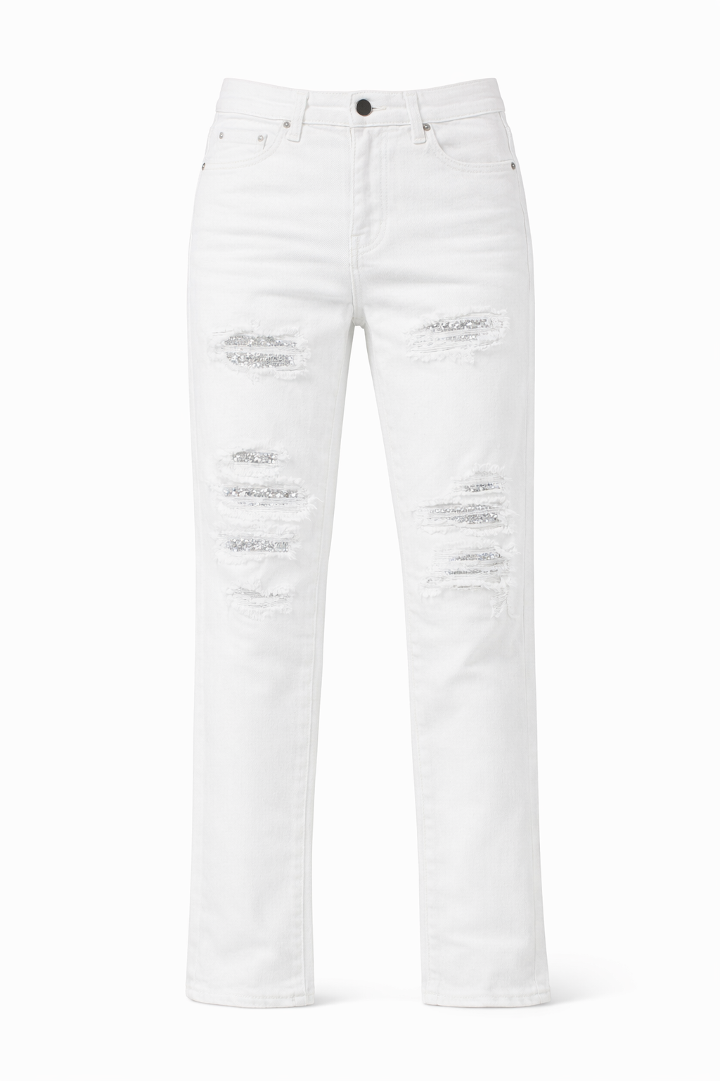 SKINNY DISTRESSED CUTOUT RHINESTONE - WHITE