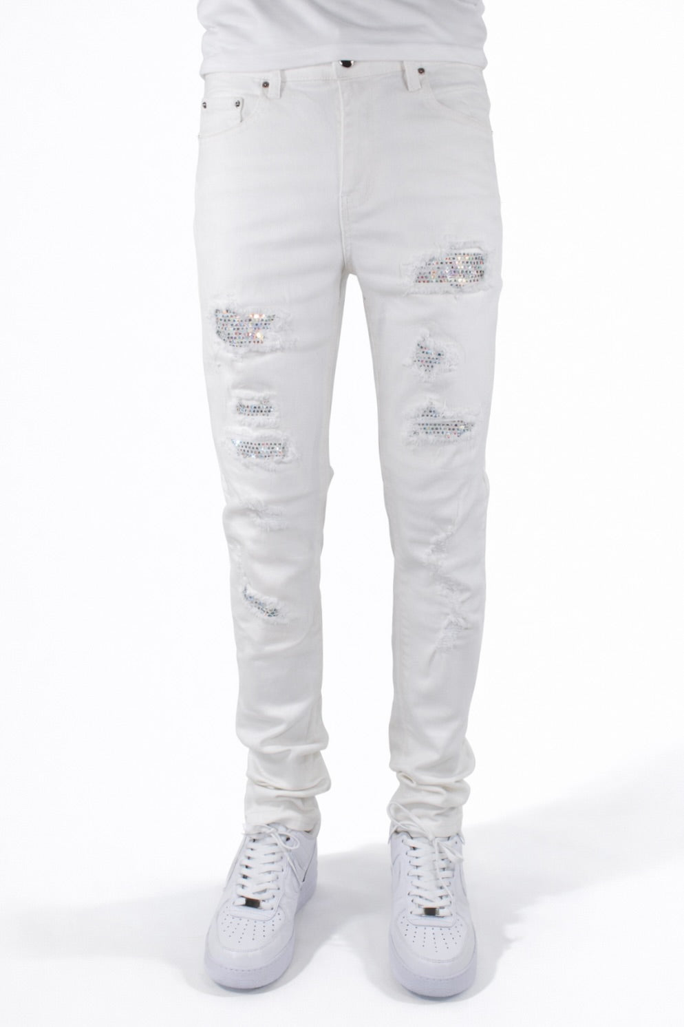 SKINNY DISTRESSED CUTOUT RHINESTONE - WHITE