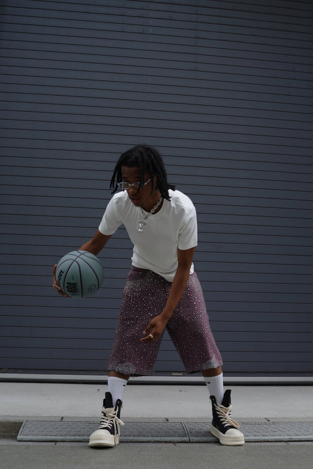 Crystal-Studded Denim Jorts Purple