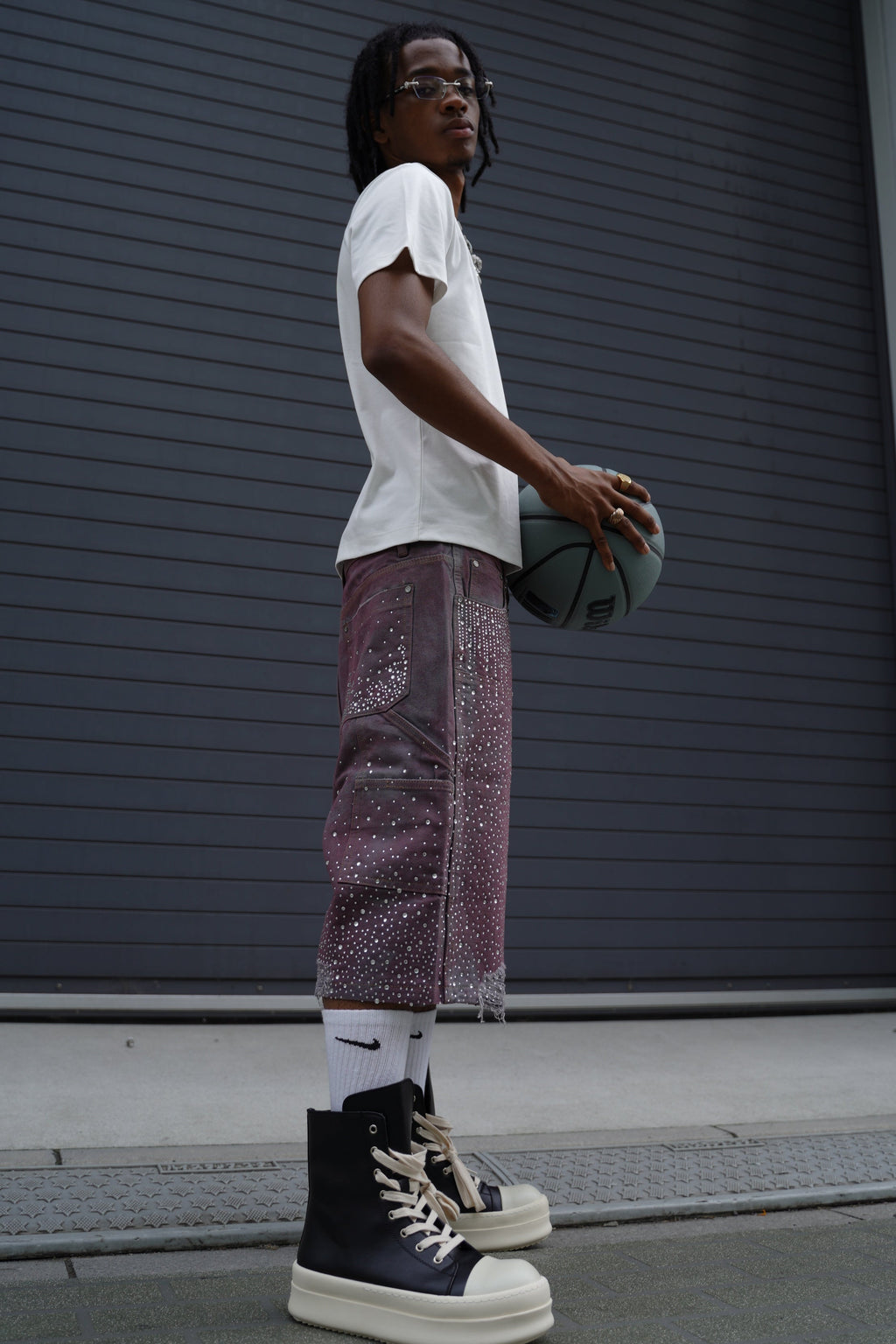 Crystal-Studded Denim Jorts Purple