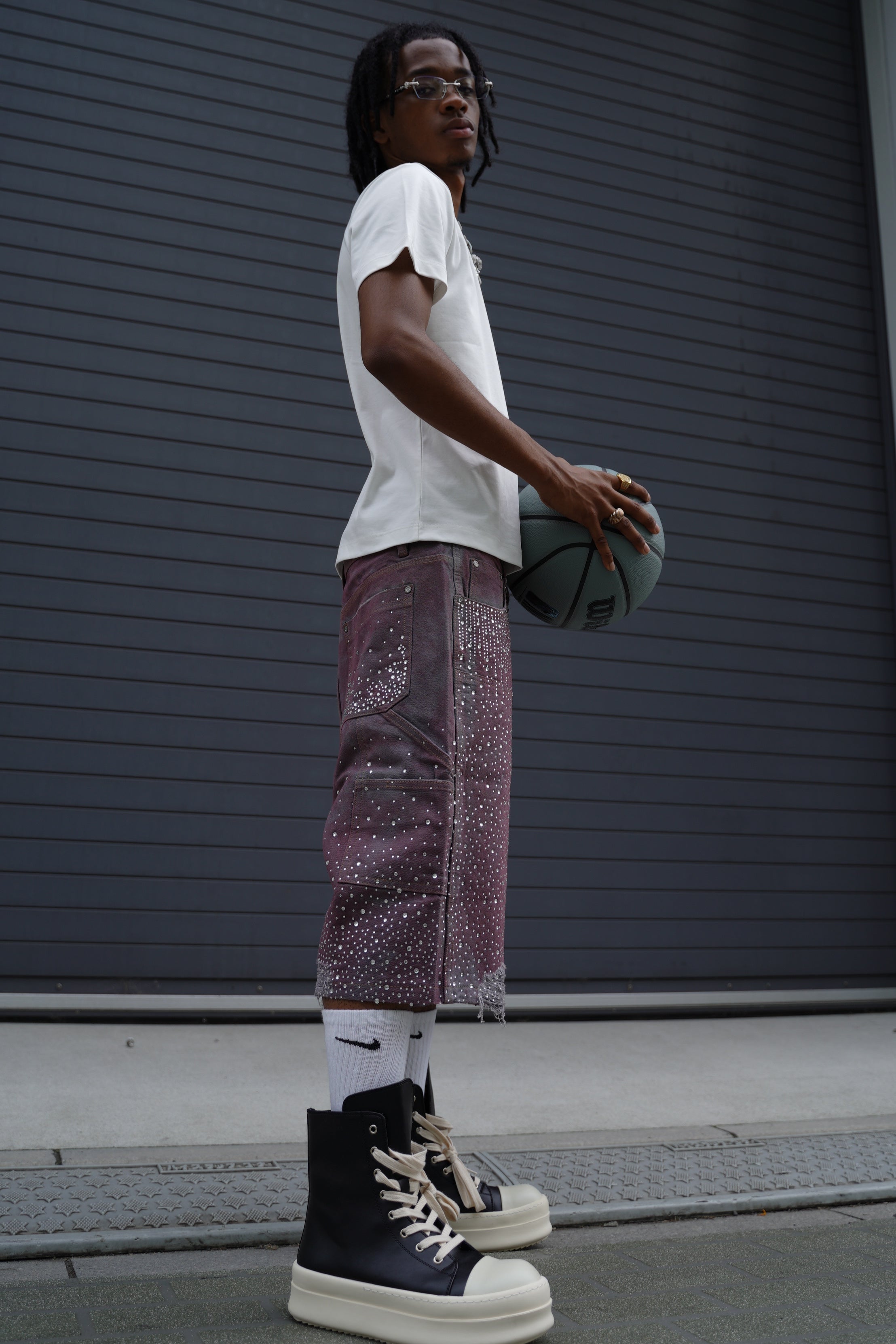 Crystal-Studded Denim Jorts Purple