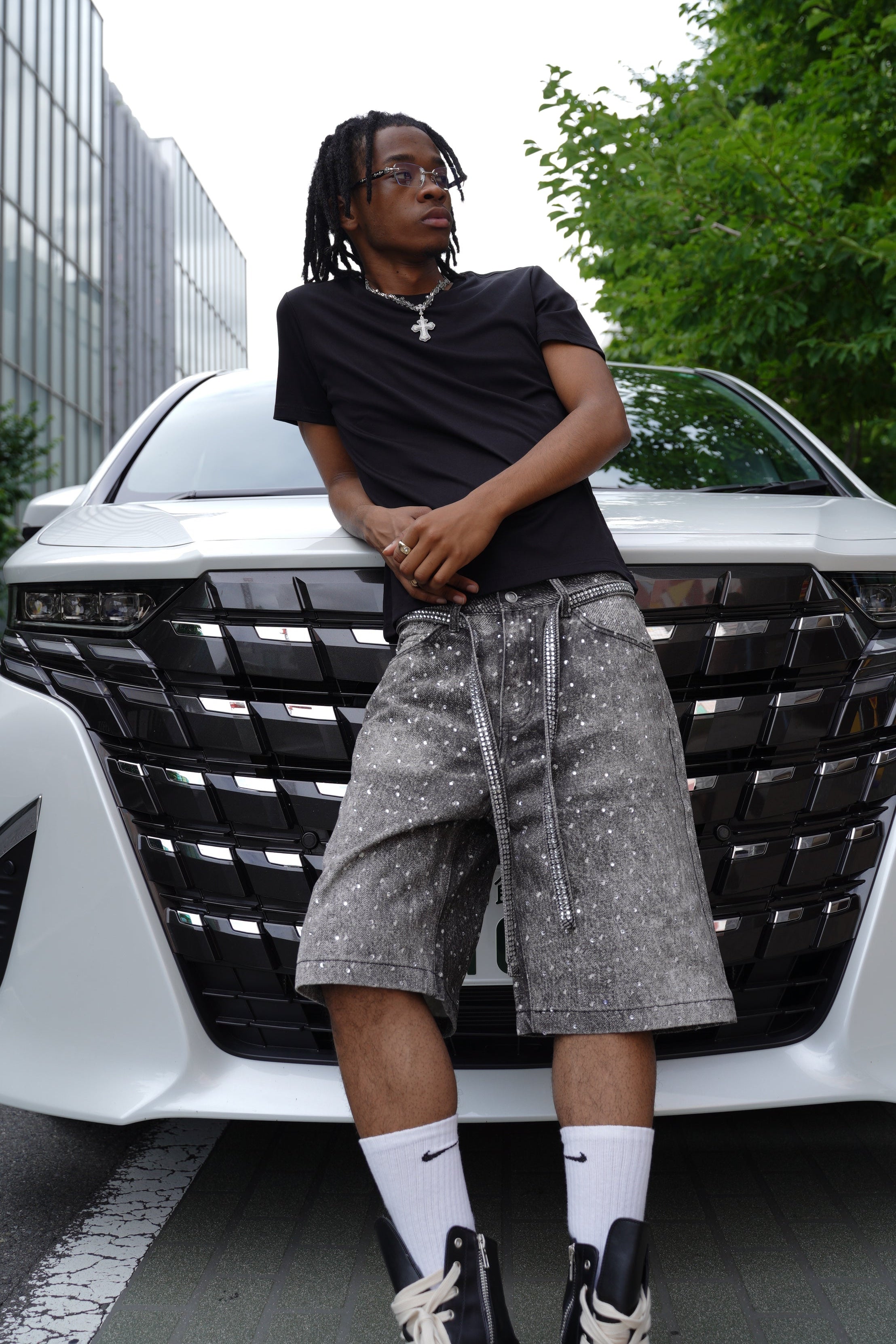 Rhinestone Denim Shorts Black