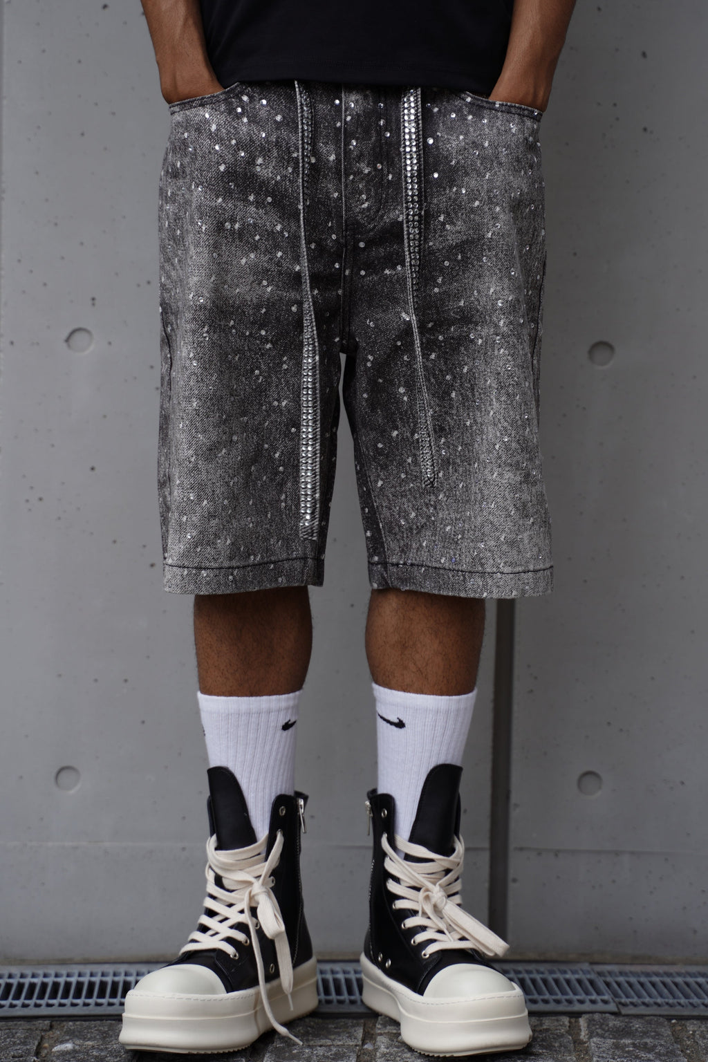 Rhinestone Denim Shorts Black
