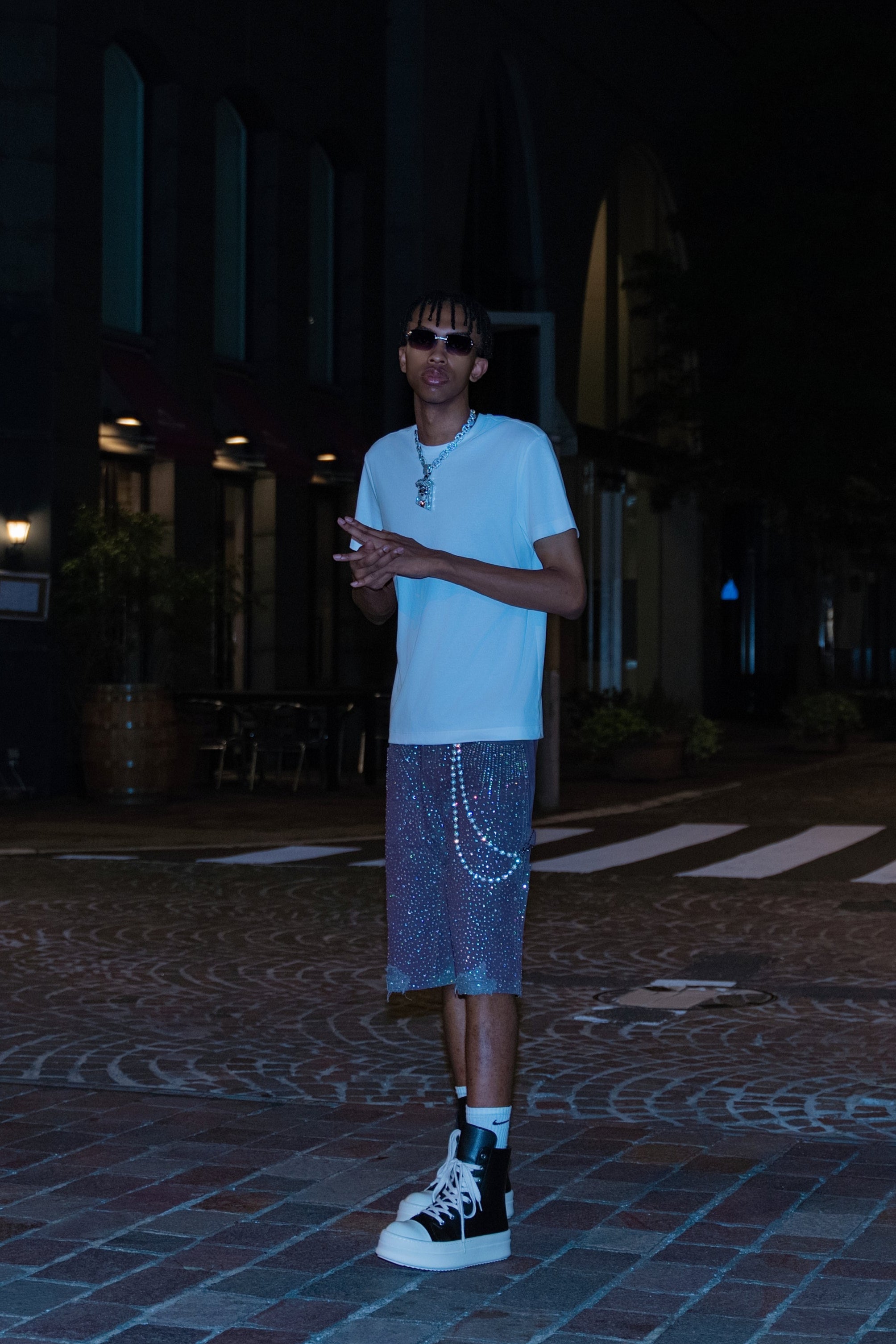 Crystal-Studded Denim Jorts Purple