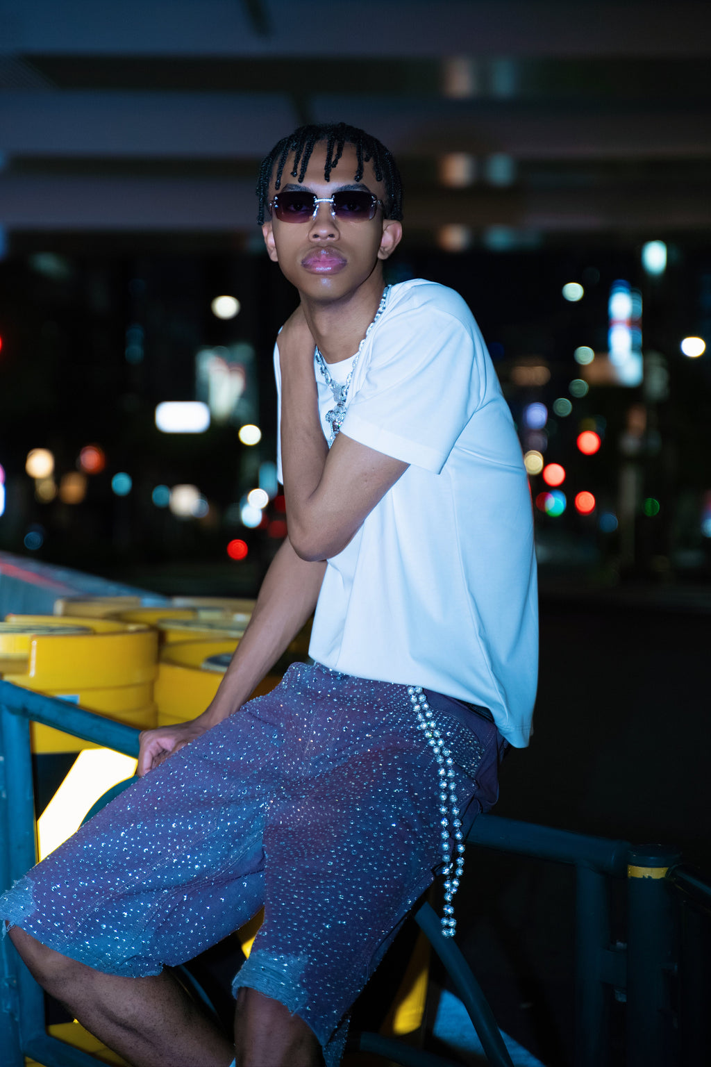 Crystal-Studded Denim Jorts Purple