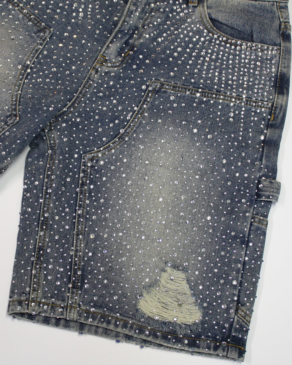 Crystal-Studded Denim Shorts Blue