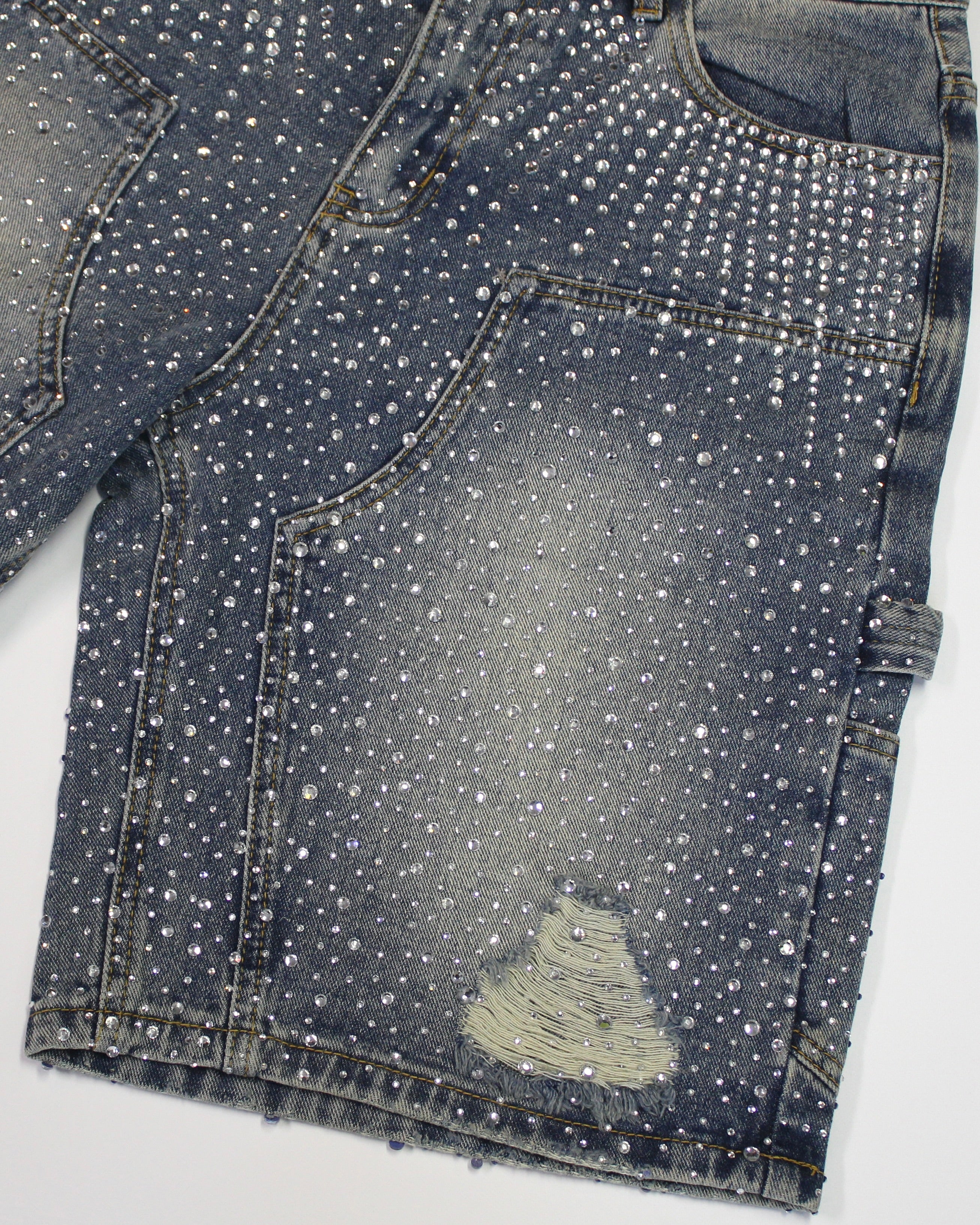 Crystal-Studded Denim Shorts Blue