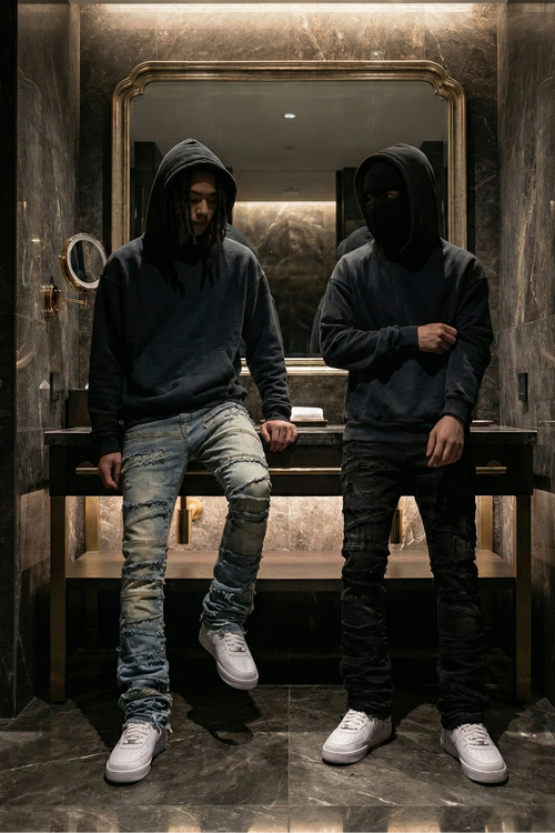 Layered Slash Flare Denim Black