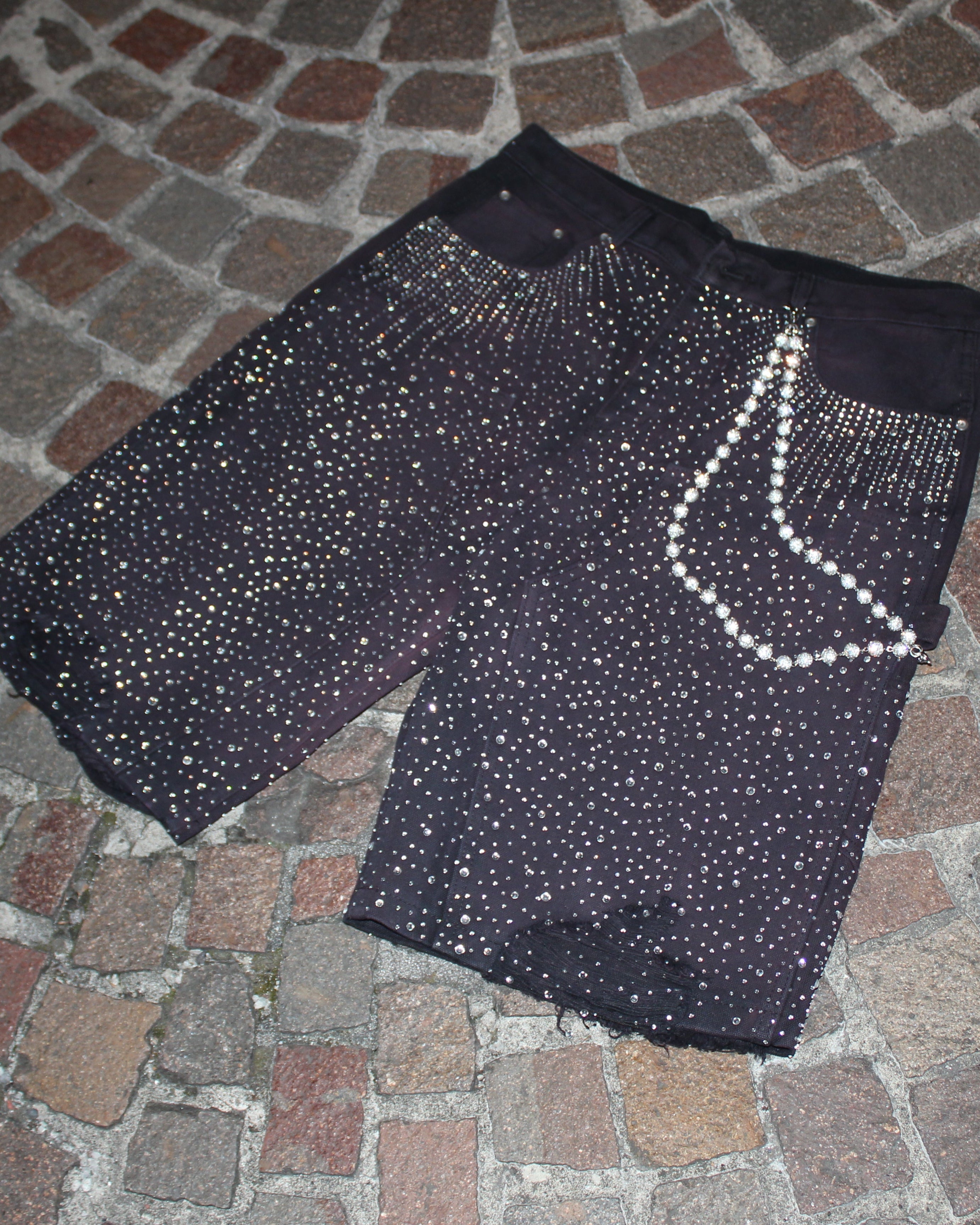 Crystal-Studded Denim Jorts Black