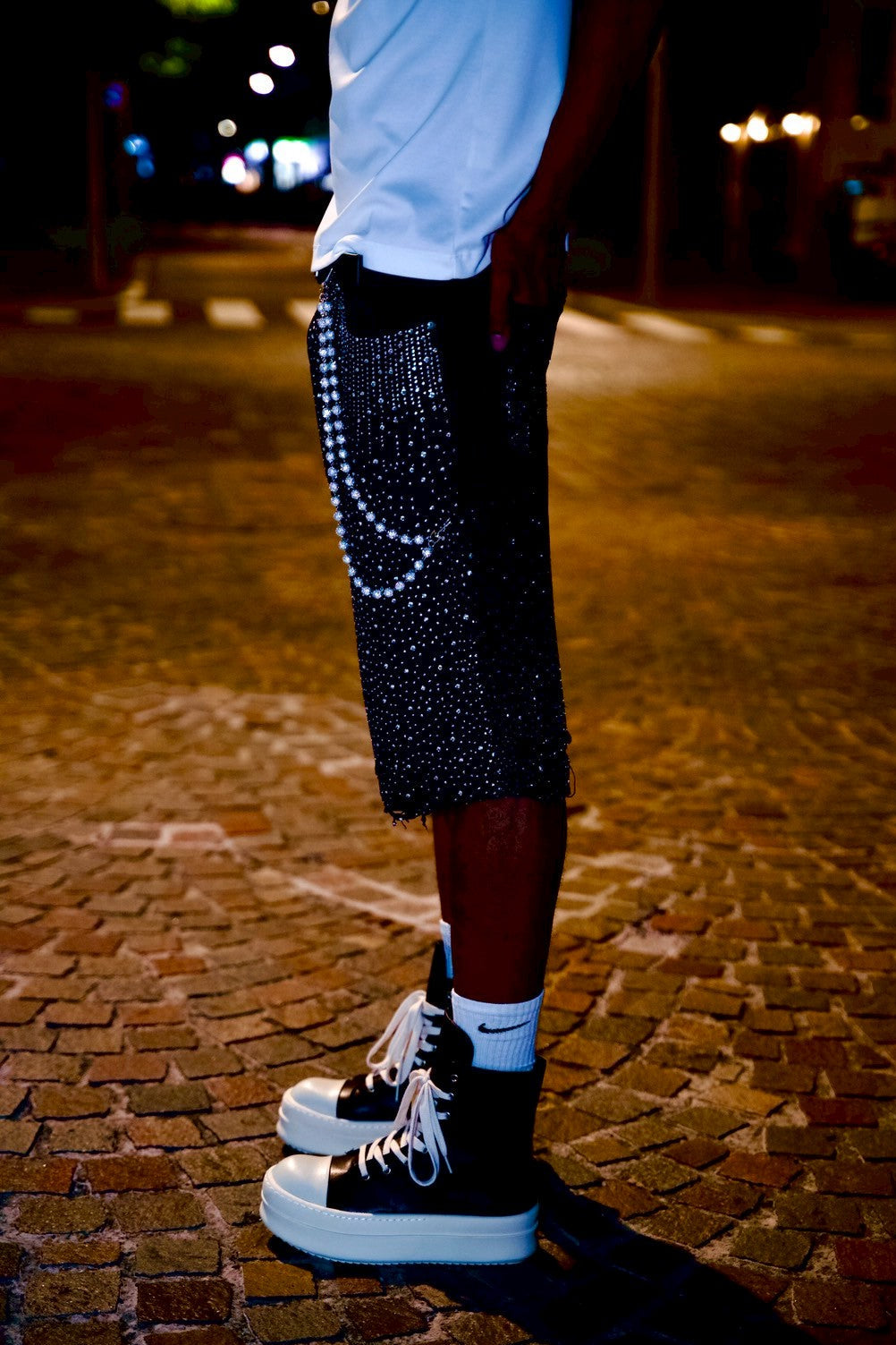 Crystal-Studded Denim Jorts Black