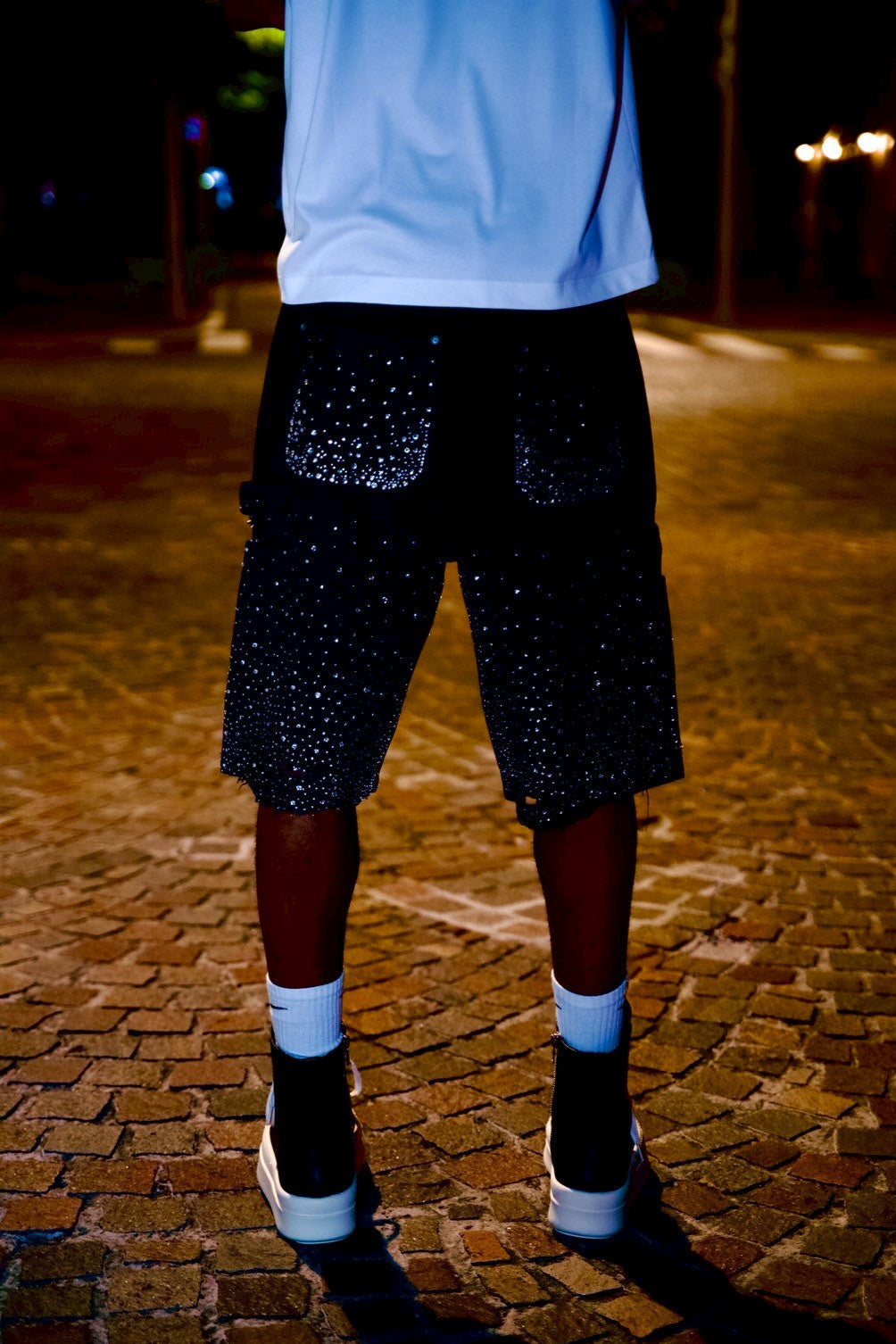 Crystal-Studded Denim Jorts Black