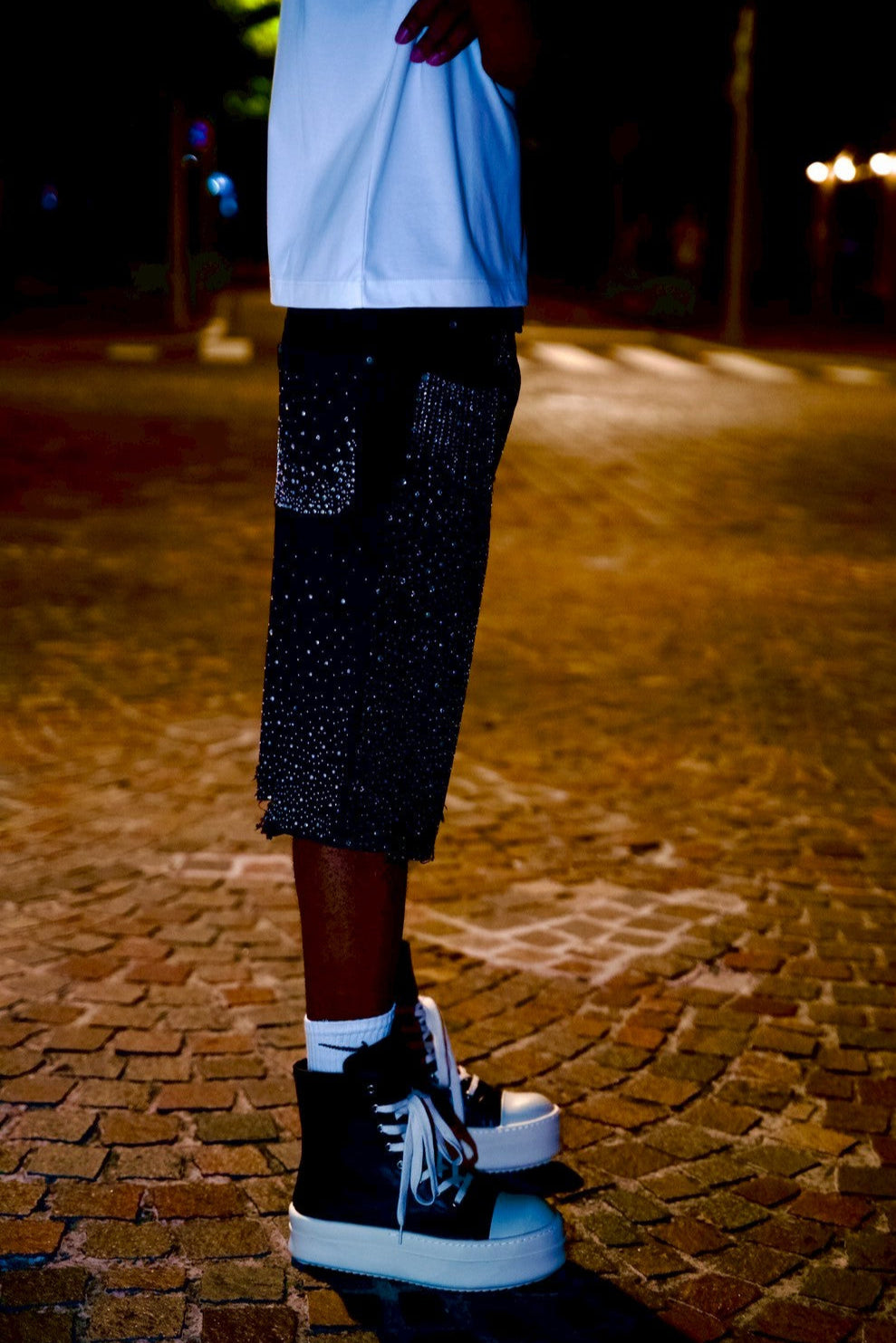 Crystal-Studded Denim Jorts Black