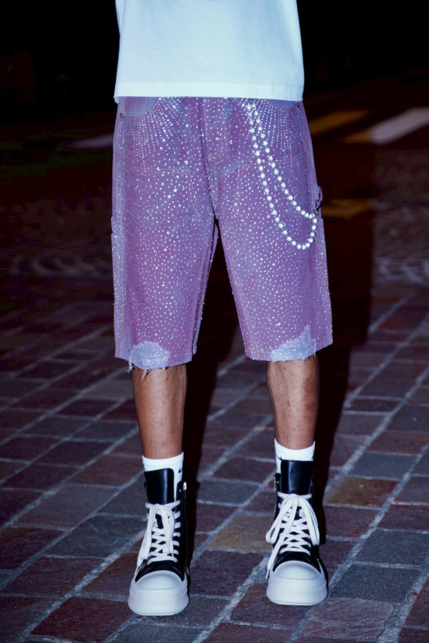 Crystal-Studded Denim Jorts Purple