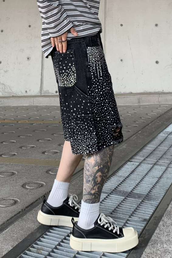 Crystal-Studded Denim Shorts Black
