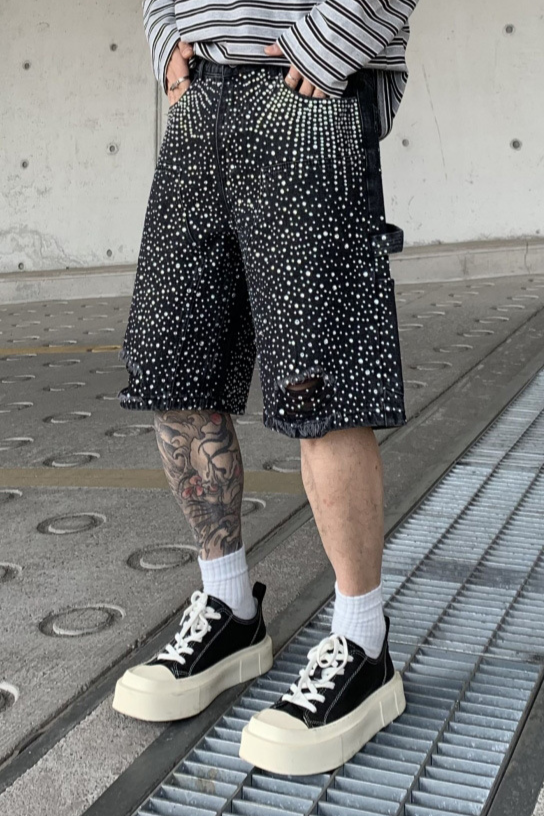 Crystal-Studded Denim Shorts Black