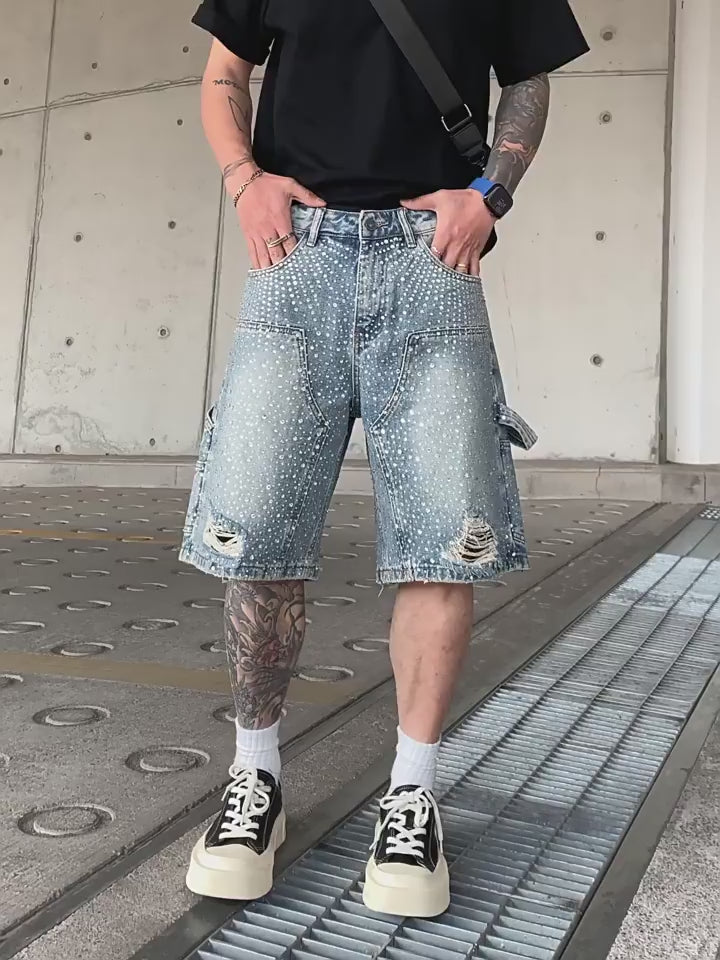 Crystal-Studded Denim Shorts Blue